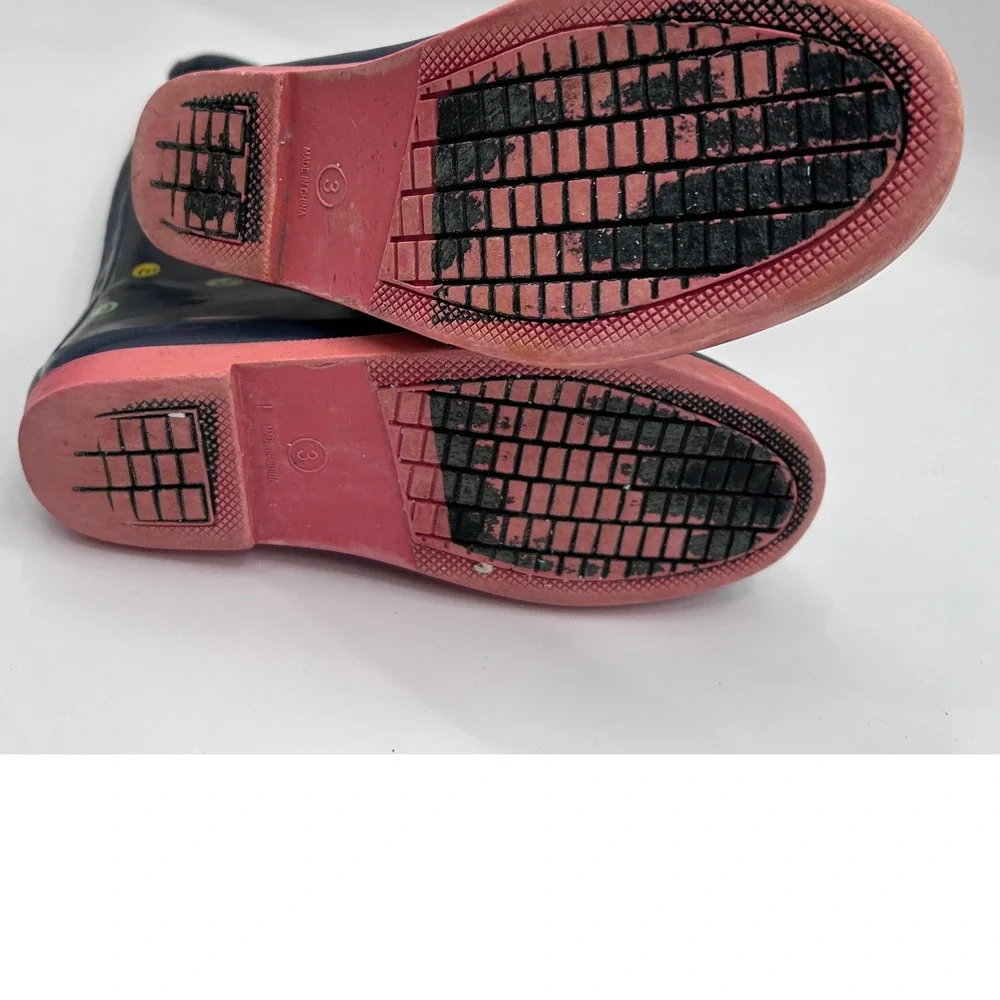 Navy Blue Smiley Face Polka Dot Rubber Rain Boots Pink Sole Kids Size 3